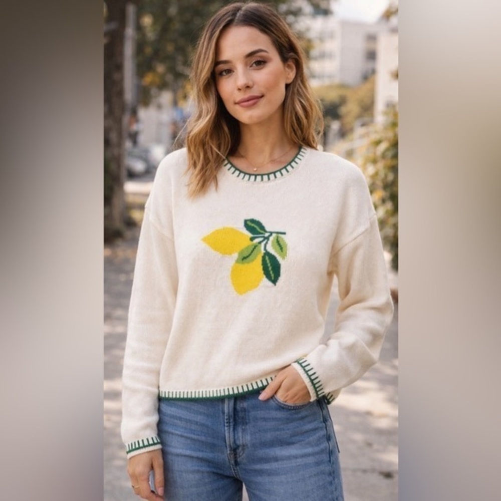 NWT 🍋 Calligraphie by Anthropologie Stitched 🍋 Lemon Sweater Sz L